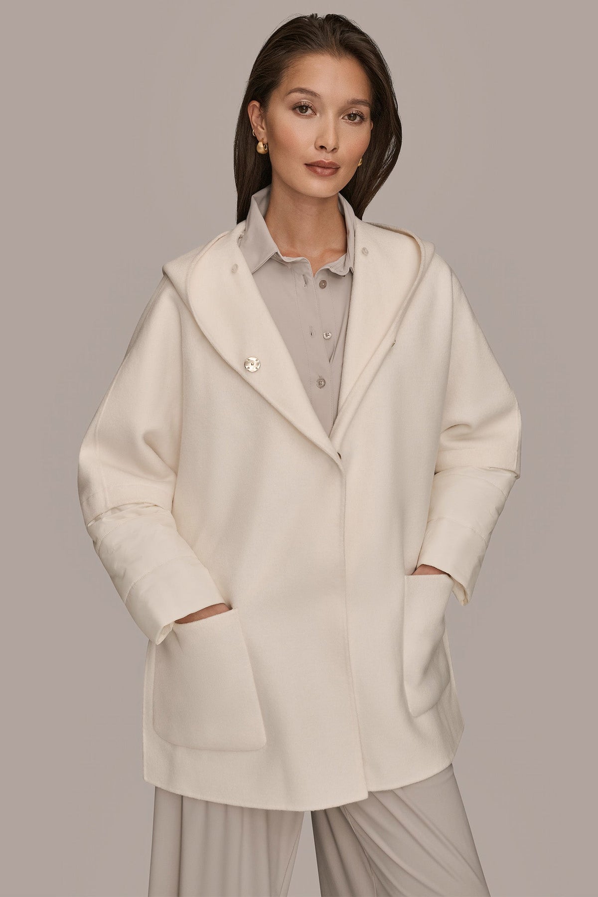 HOODED WOOL-BLEND CAPE COAT