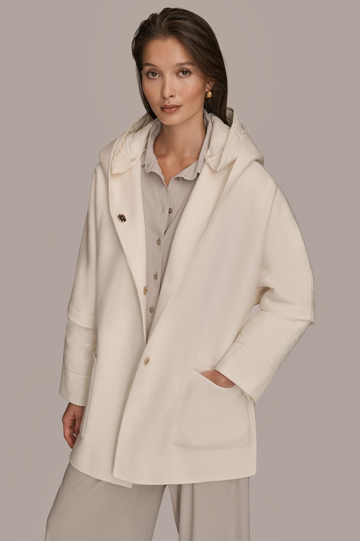 HOODED WOOL-BLEND CAPE COAT