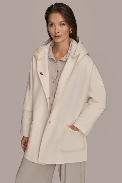 HOODED WOOL-BLEND CAPE COAT