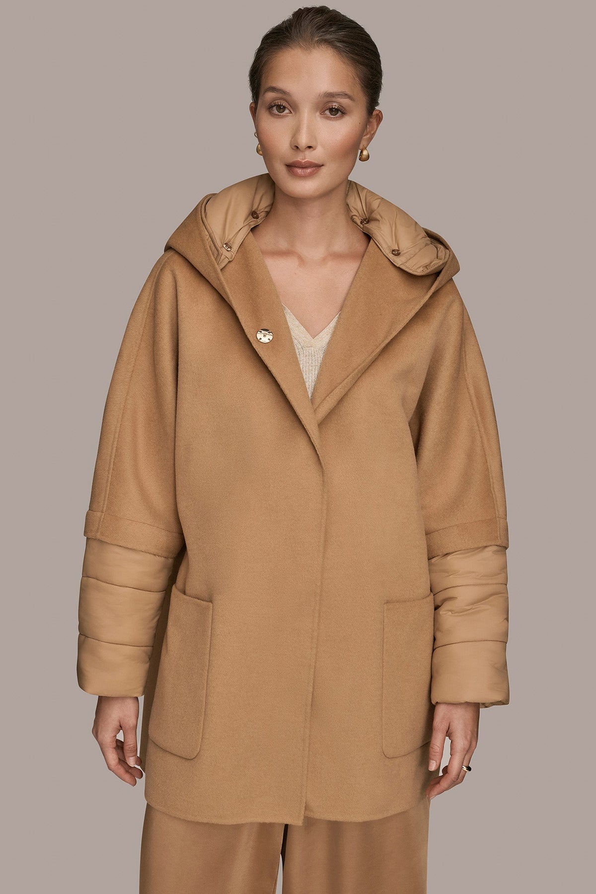HOODED WOOL-BLEND CAPE COAT