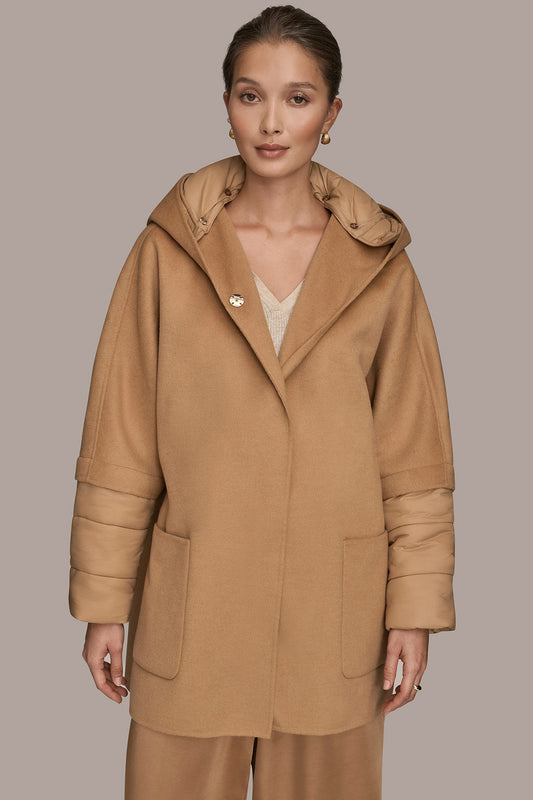HOODED WOOL-BLEND CAPE COAT