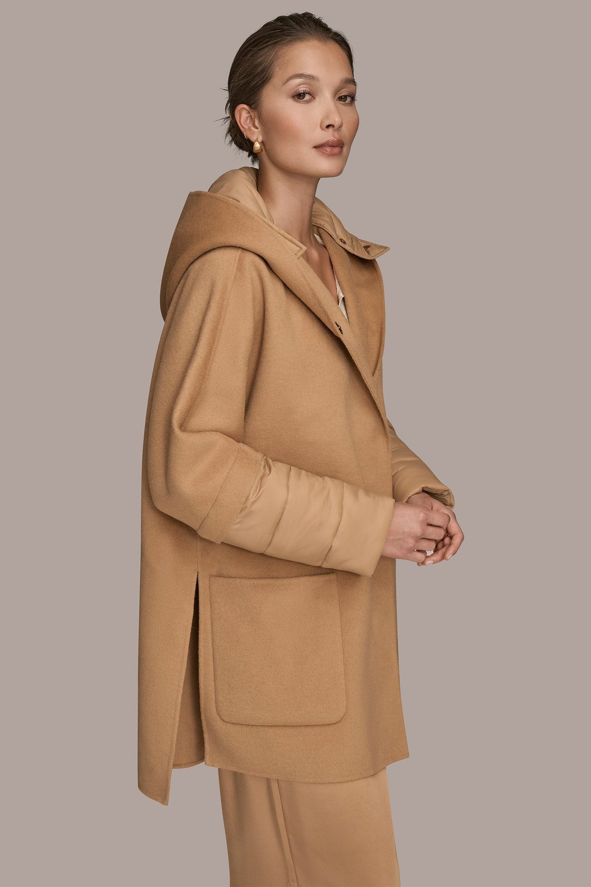 HOODED WOOL-BLEND CAPE COAT
