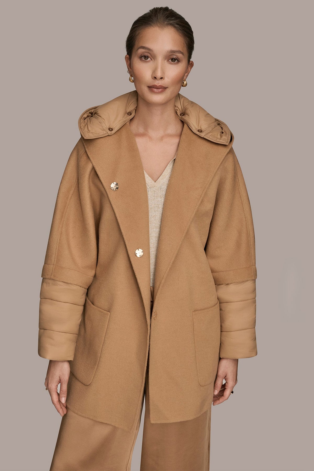HOODED WOOL-BLEND CAPE COAT