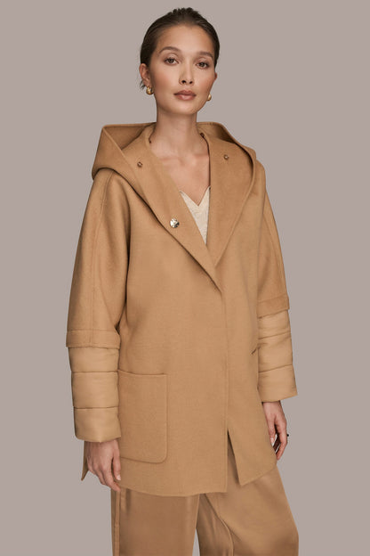 HOODED WOOL-BLEND CAPE COAT