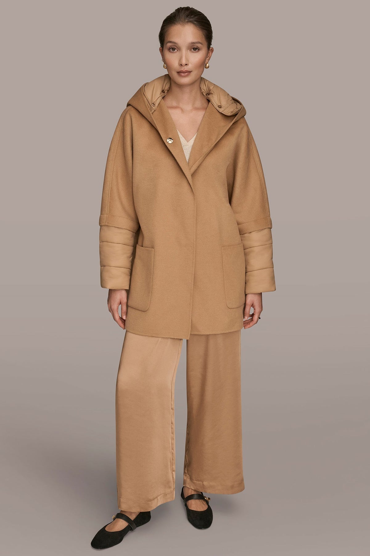 HOODED WOOL-BLEND CAPE COAT