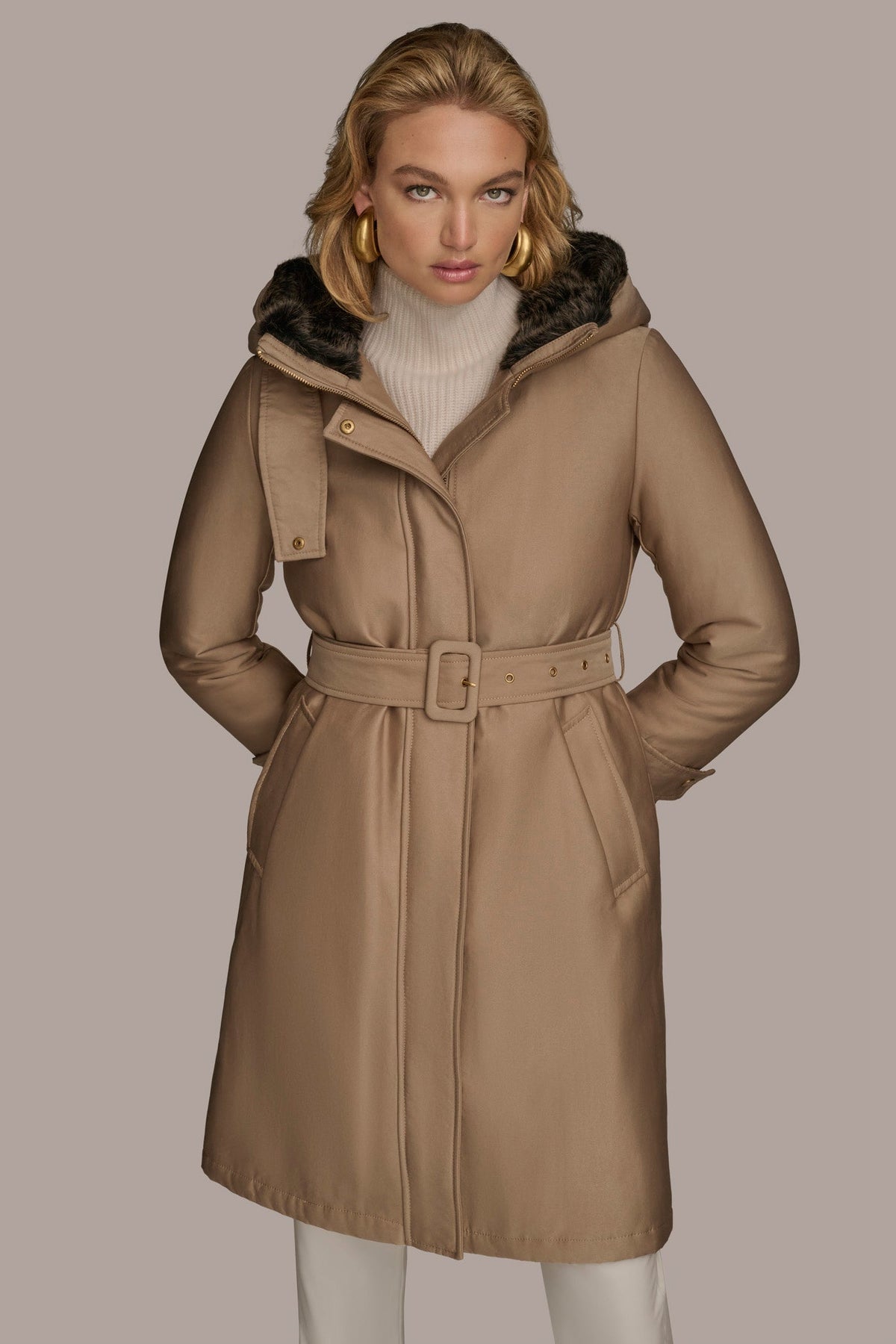 FAUX FUR TRIM LINED RAIN COAT