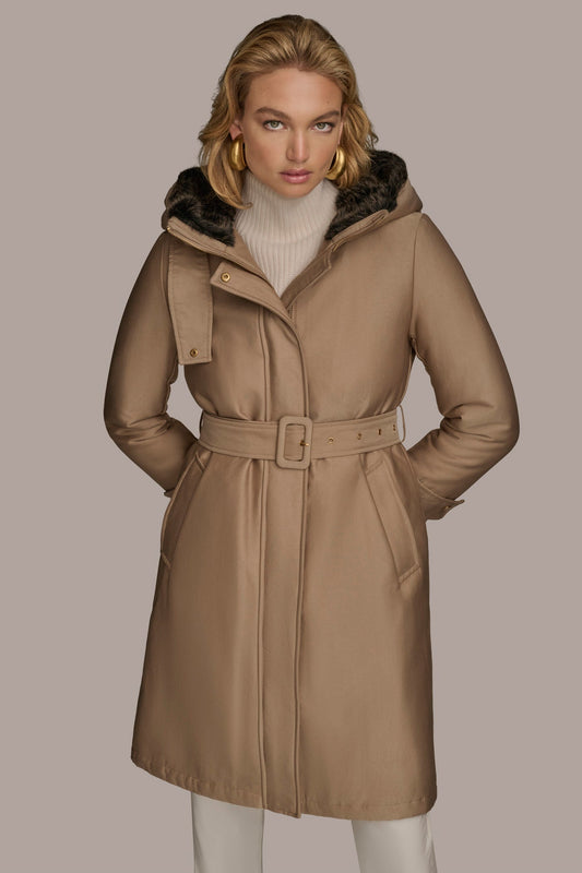 FAUX FUR TRIM LINED RAIN COAT