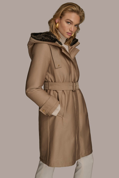 FAUX FUR TRIM LINED RAIN COAT