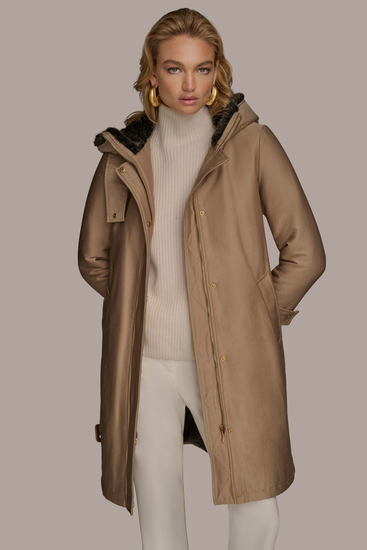 FAUX FUR TRIM LINED RAIN COAT