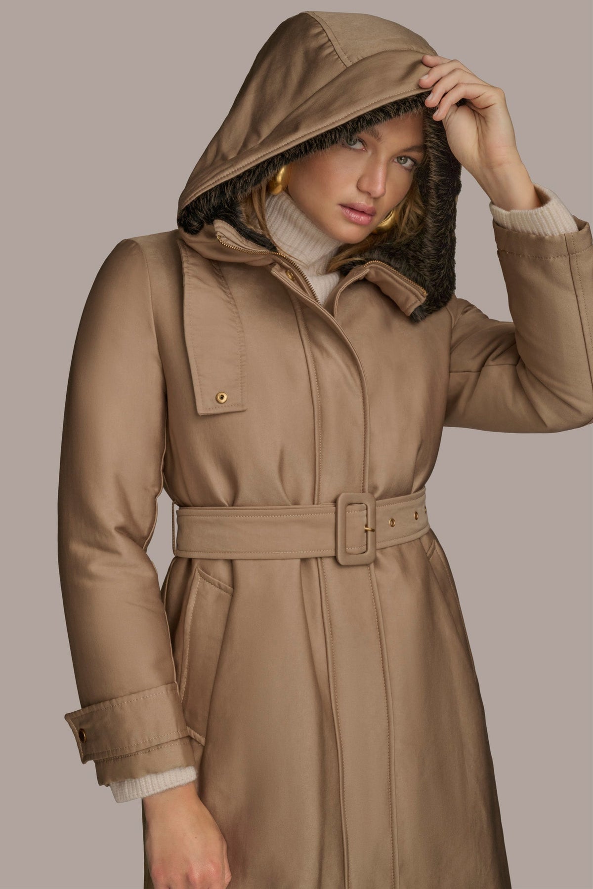 FAUX FUR TRIM LINED RAIN COAT