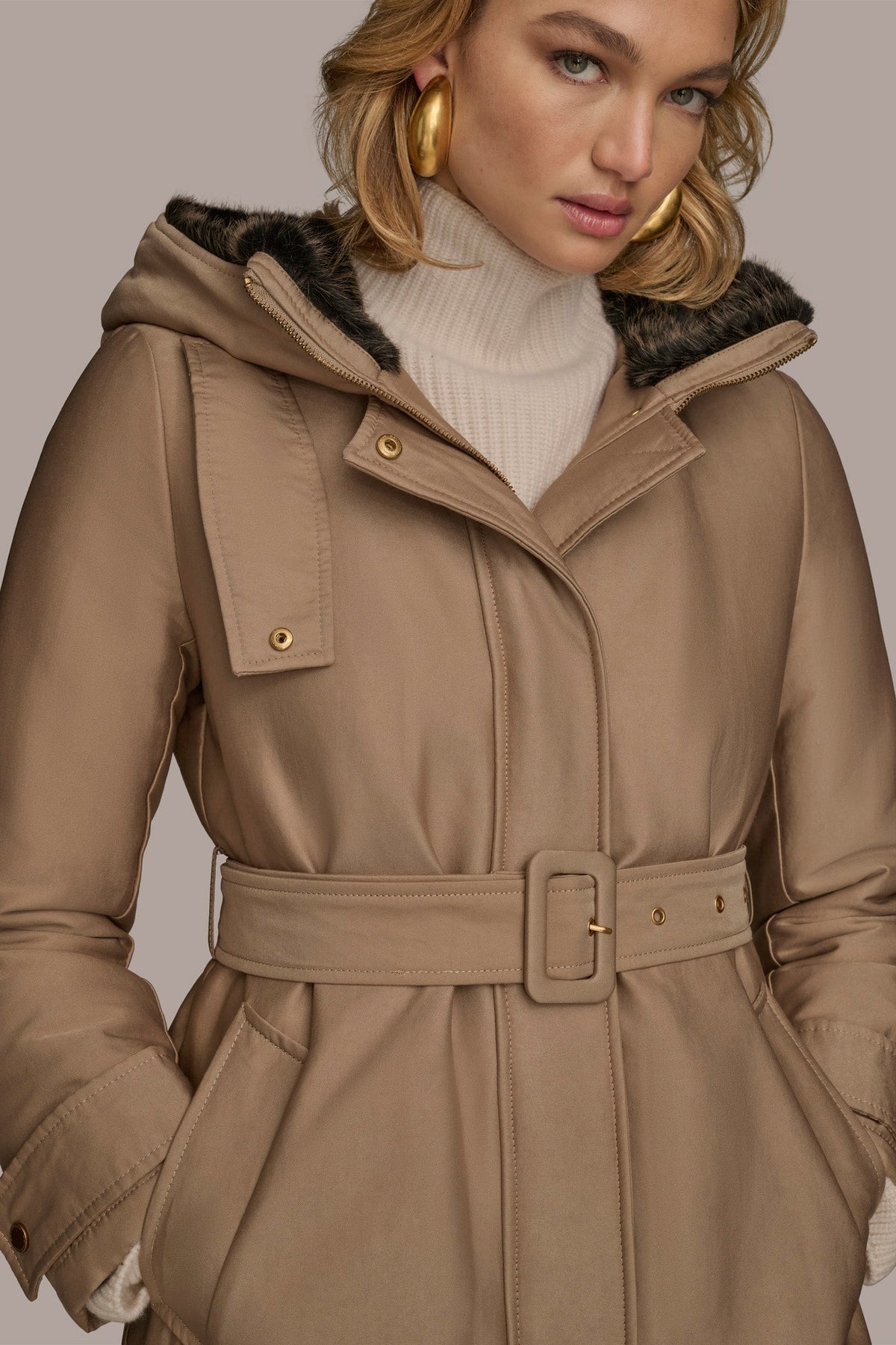 FAUX FUR TRIM LINED RAIN COAT