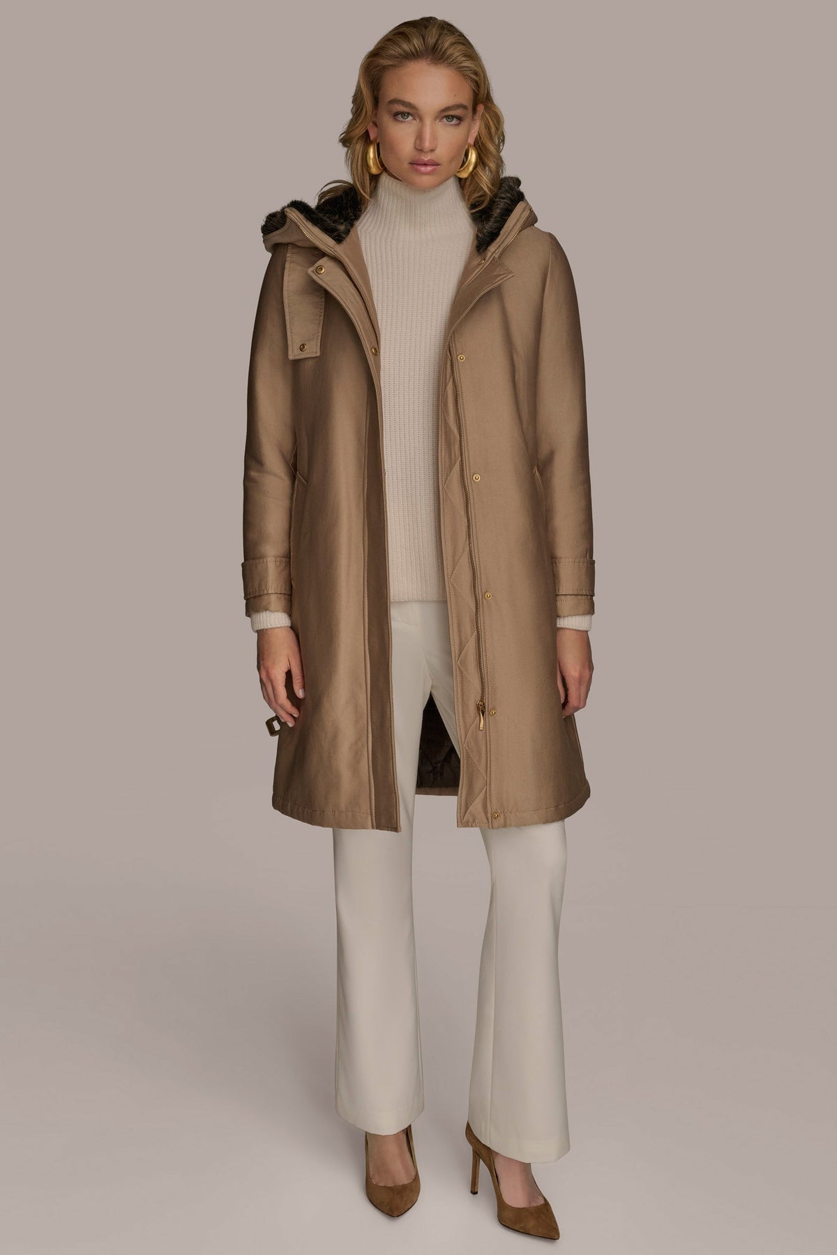 FAUX FUR TRIM LINED RAIN COAT