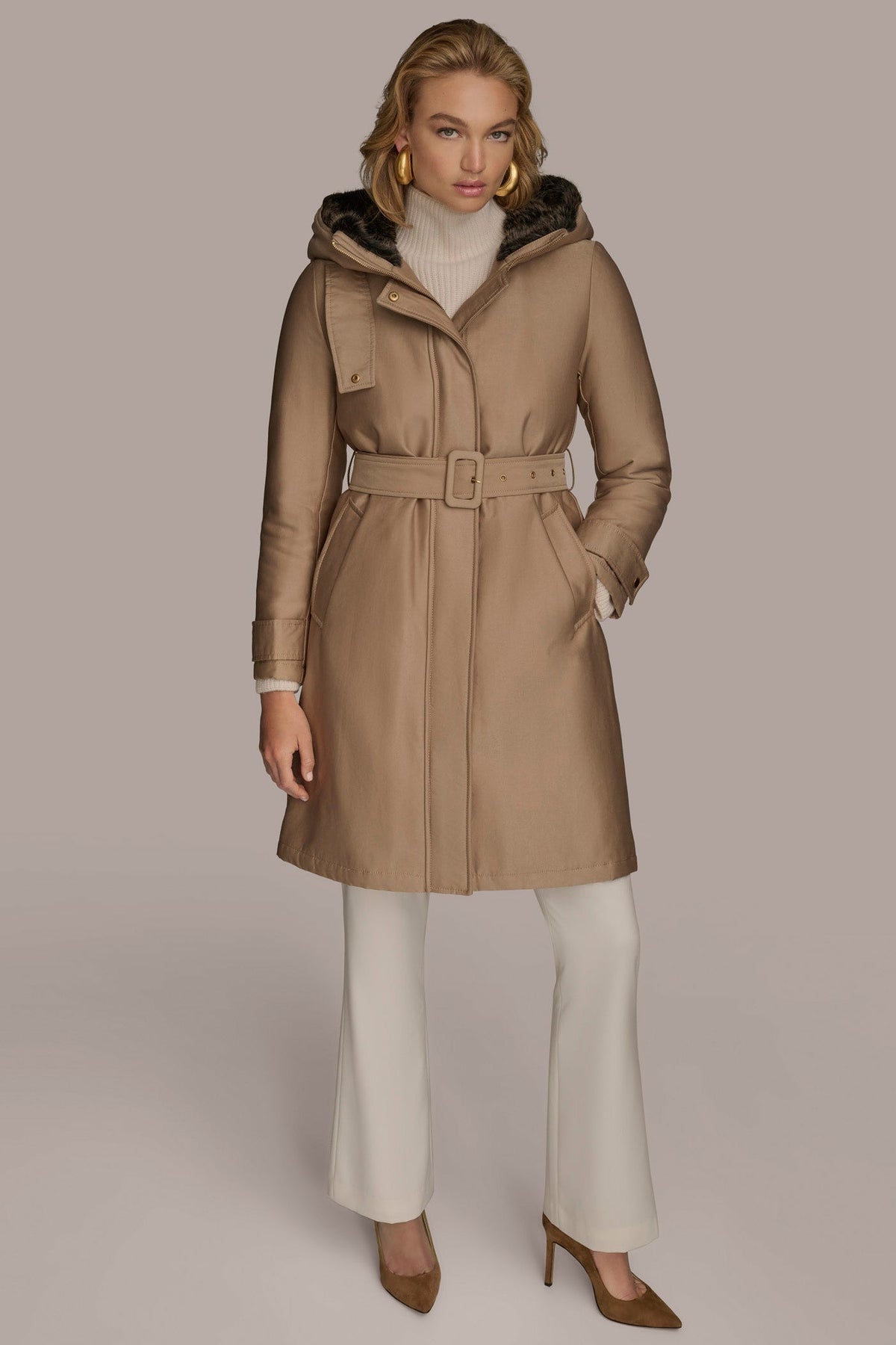 FAUX FUR TRIM LINED RAIN COAT