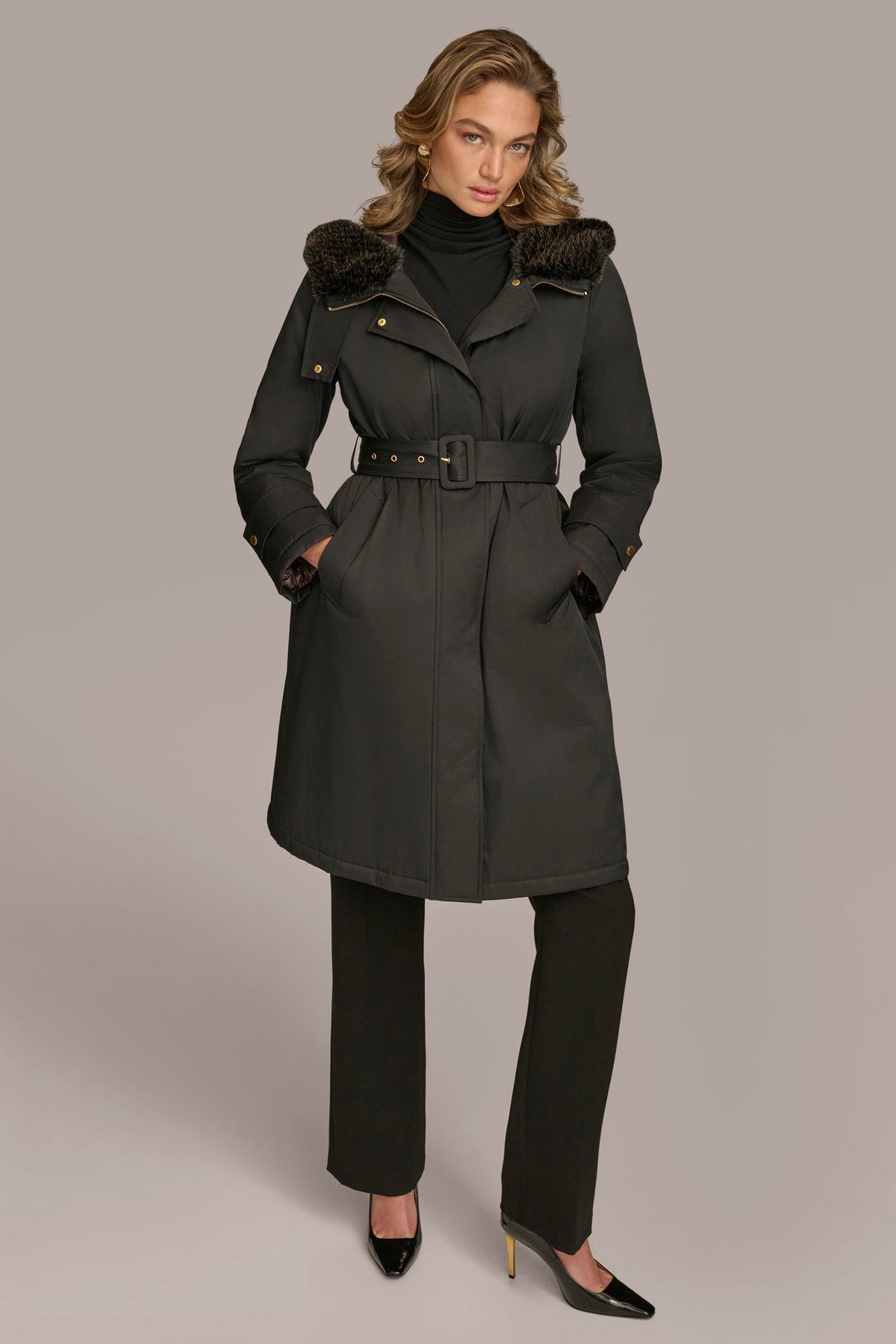 FAUX FUR TRIM LINED RAIN COAT
