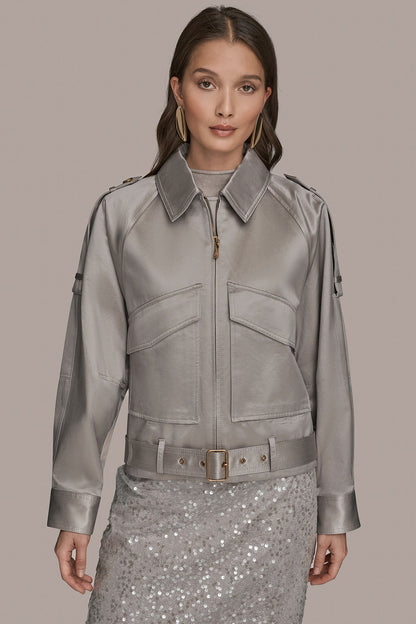 COTTON-BLEND SATIN BIKER JACKET