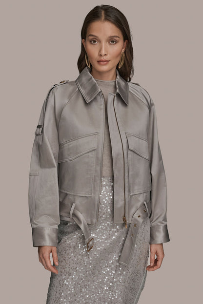 COTTON-BLEND SATIN BIKER JACKET
