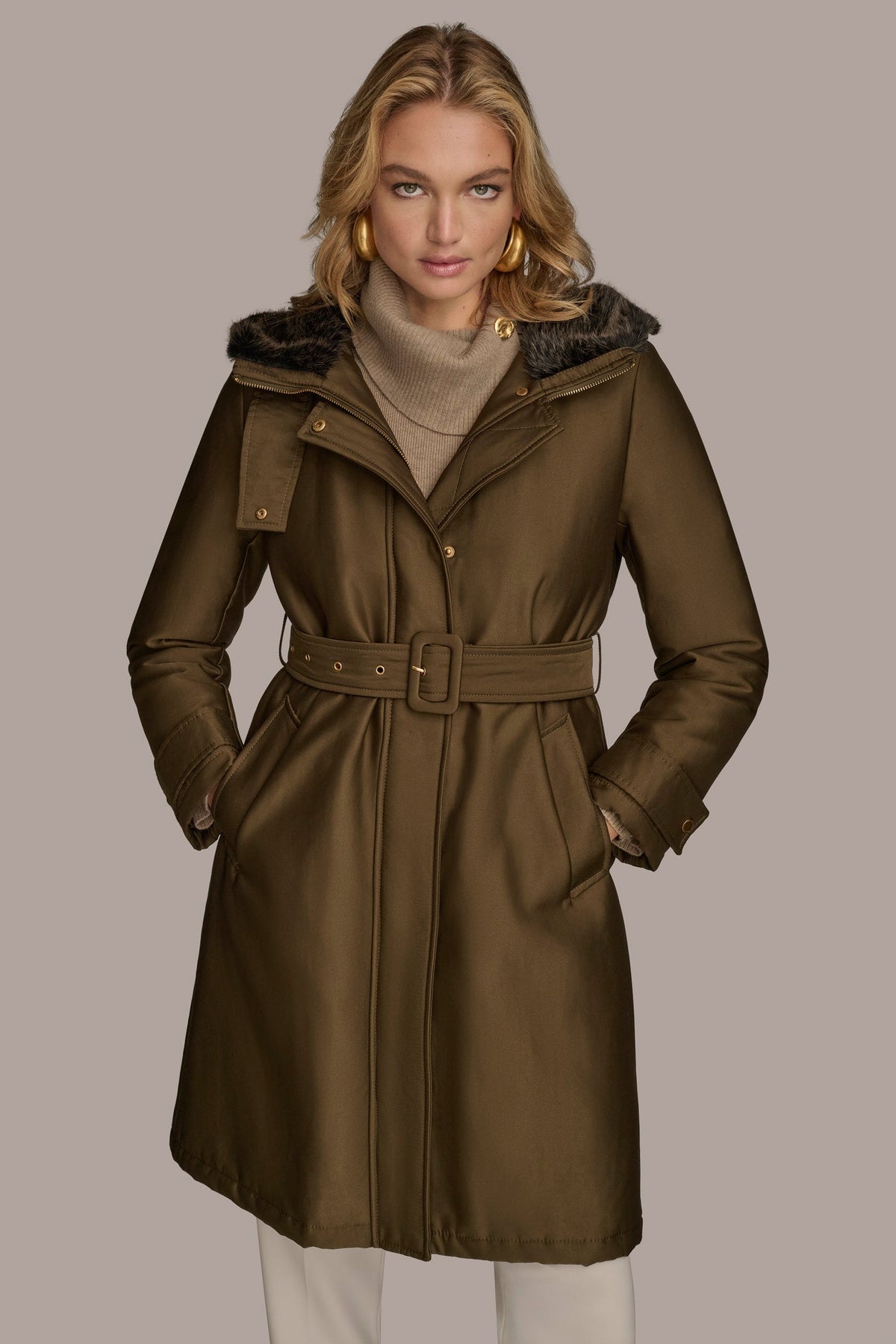 FAUX FUR TRIM LINED RAIN COAT