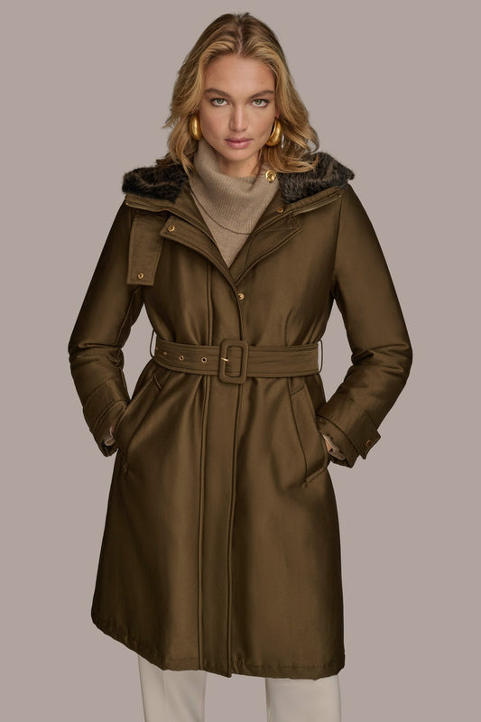 FAUX FUR TRIM LINED RAIN COAT