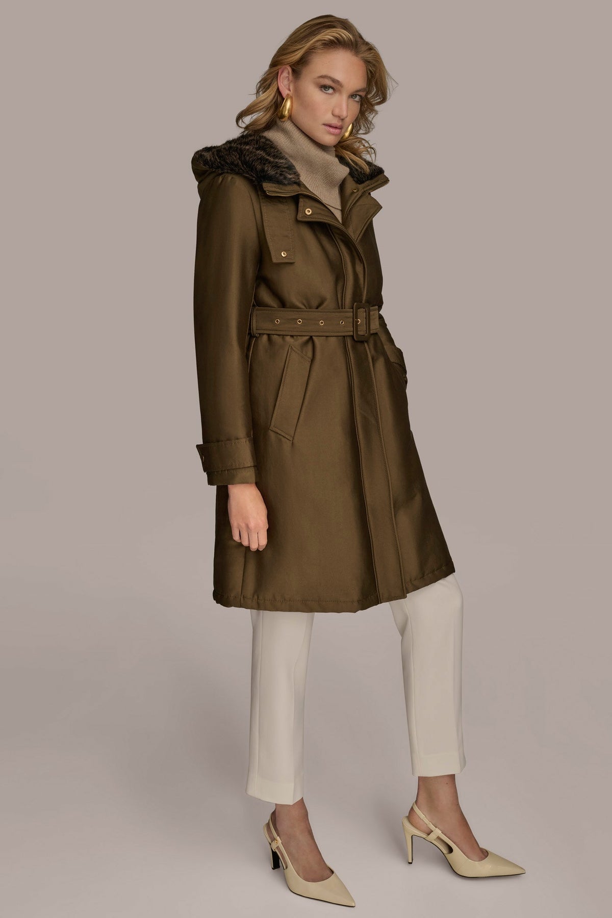FAUX FUR TRIM LINED RAIN COAT