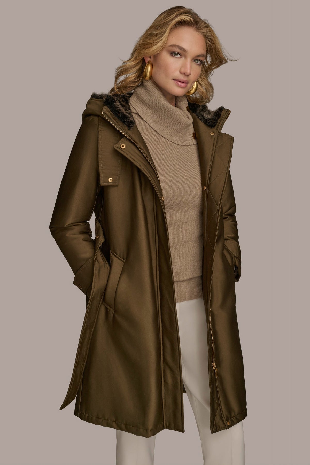 FAUX FUR TRIM LINED RAIN COAT