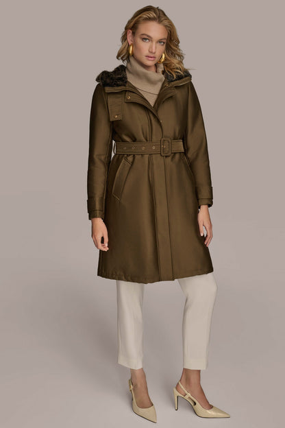 FAUX FUR TRIM LINED RAIN COAT