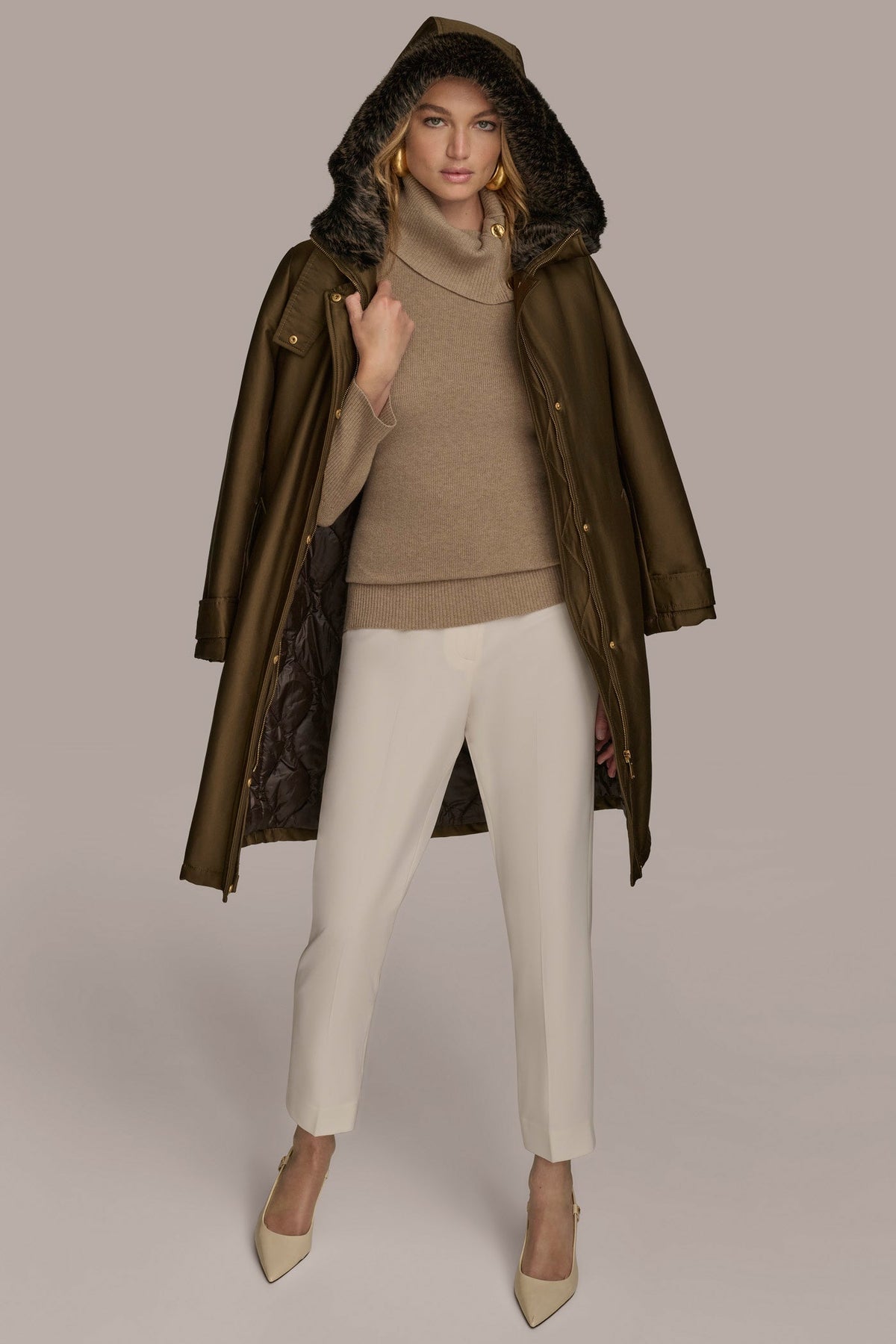 FAUX FUR TRIM LINED RAIN COAT