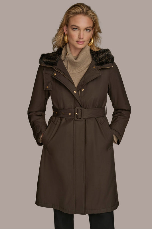 FAUX FUR TRIM LINED RAIN COAT