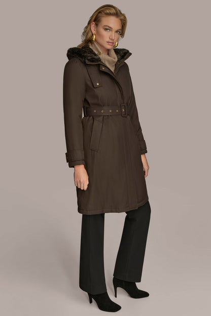 FAUX FUR TRIM LINED RAIN COAT