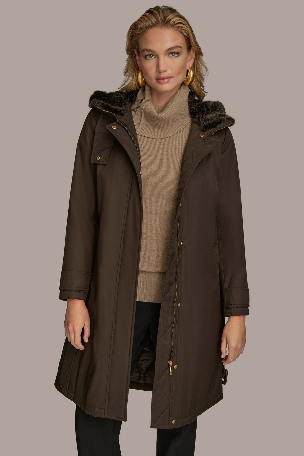 FAUX FUR TRIM LINED RAIN COAT