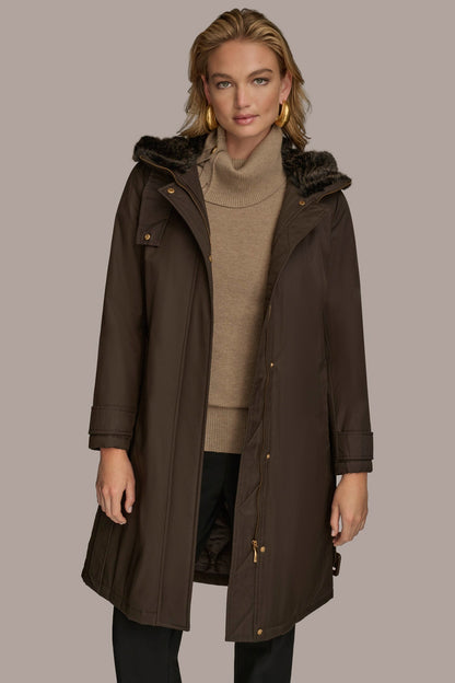 FAUX FUR TRIM LINED RAIN COAT