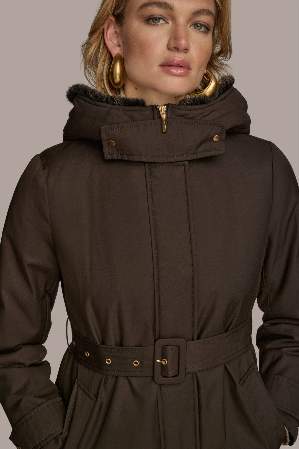 FAUX FUR TRIM LINED RAIN COAT
