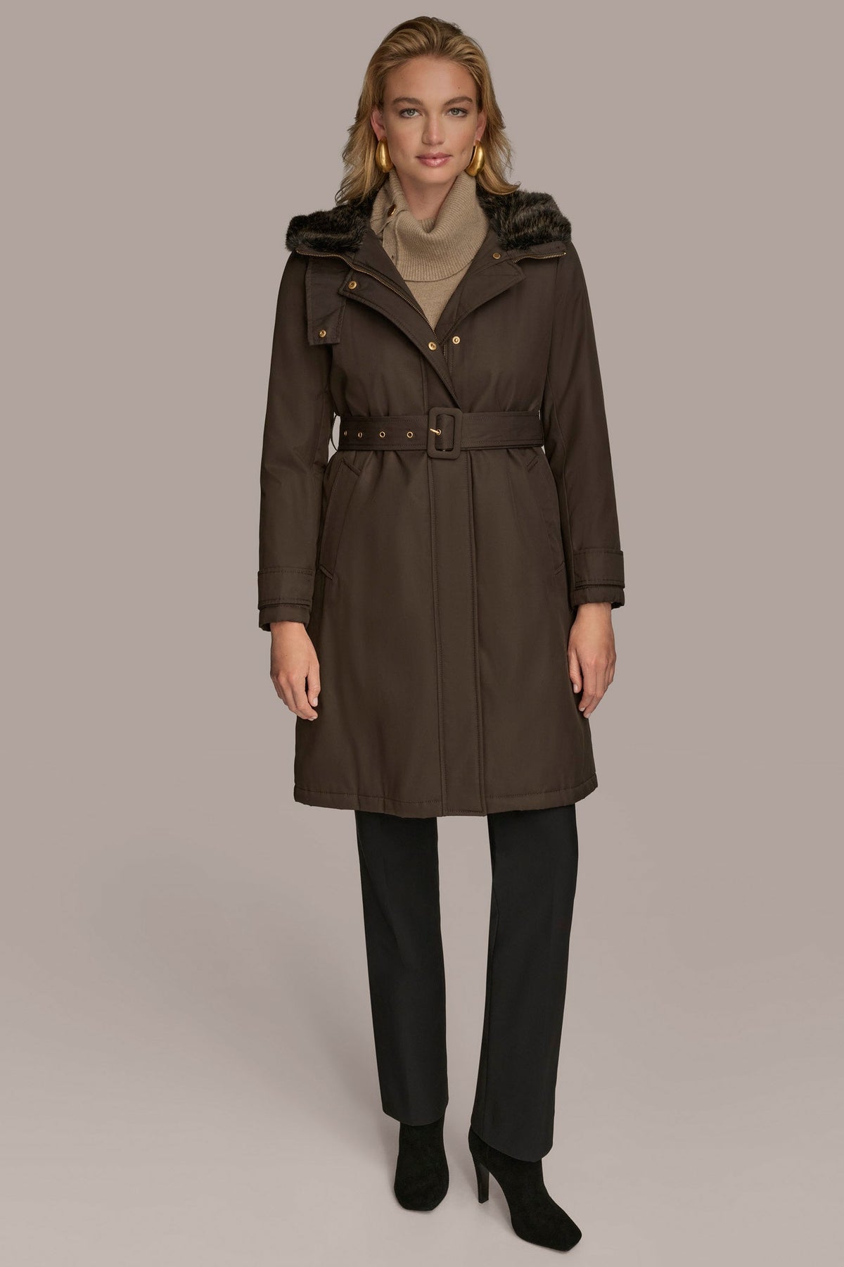 FAUX FUR TRIM LINED RAIN COAT