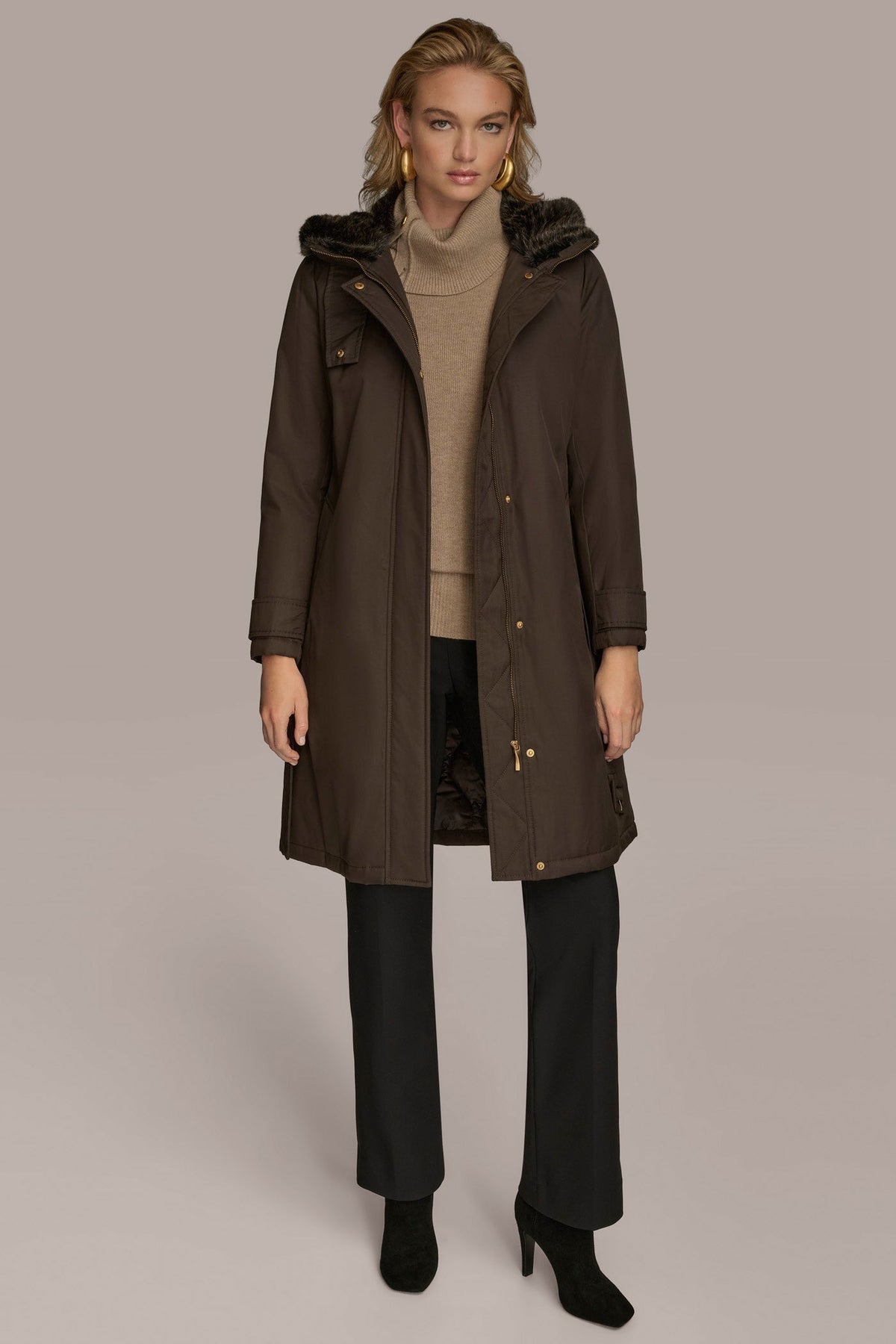 FAUX FUR TRIM LINED RAIN COAT