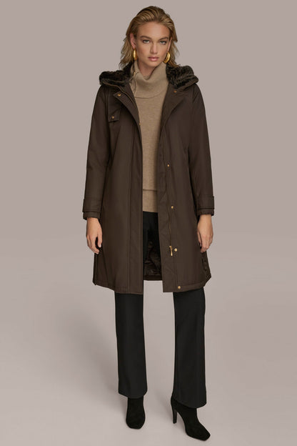 FAUX FUR TRIM LINED RAIN COAT