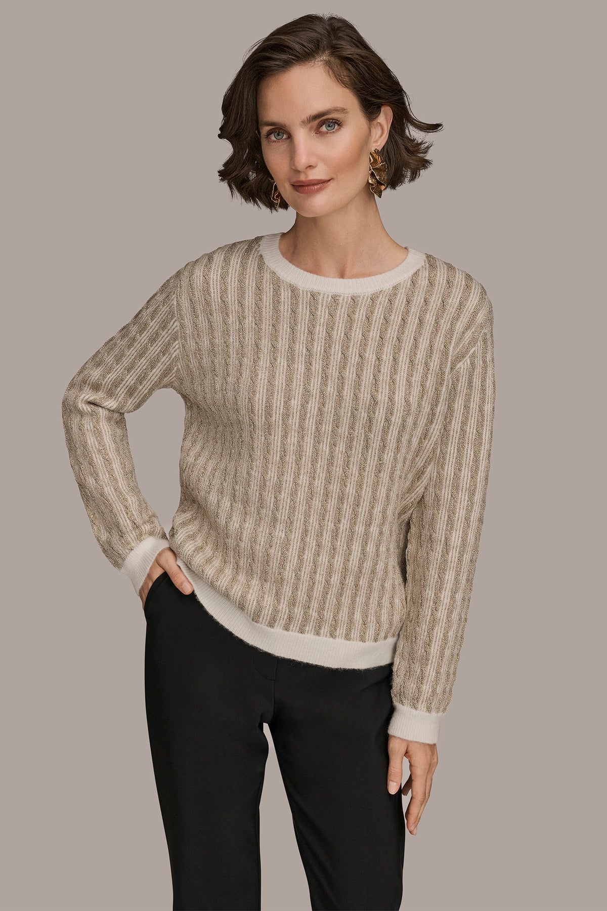 METALLIC TWO-TONE CABLE-KNIT SWEATER