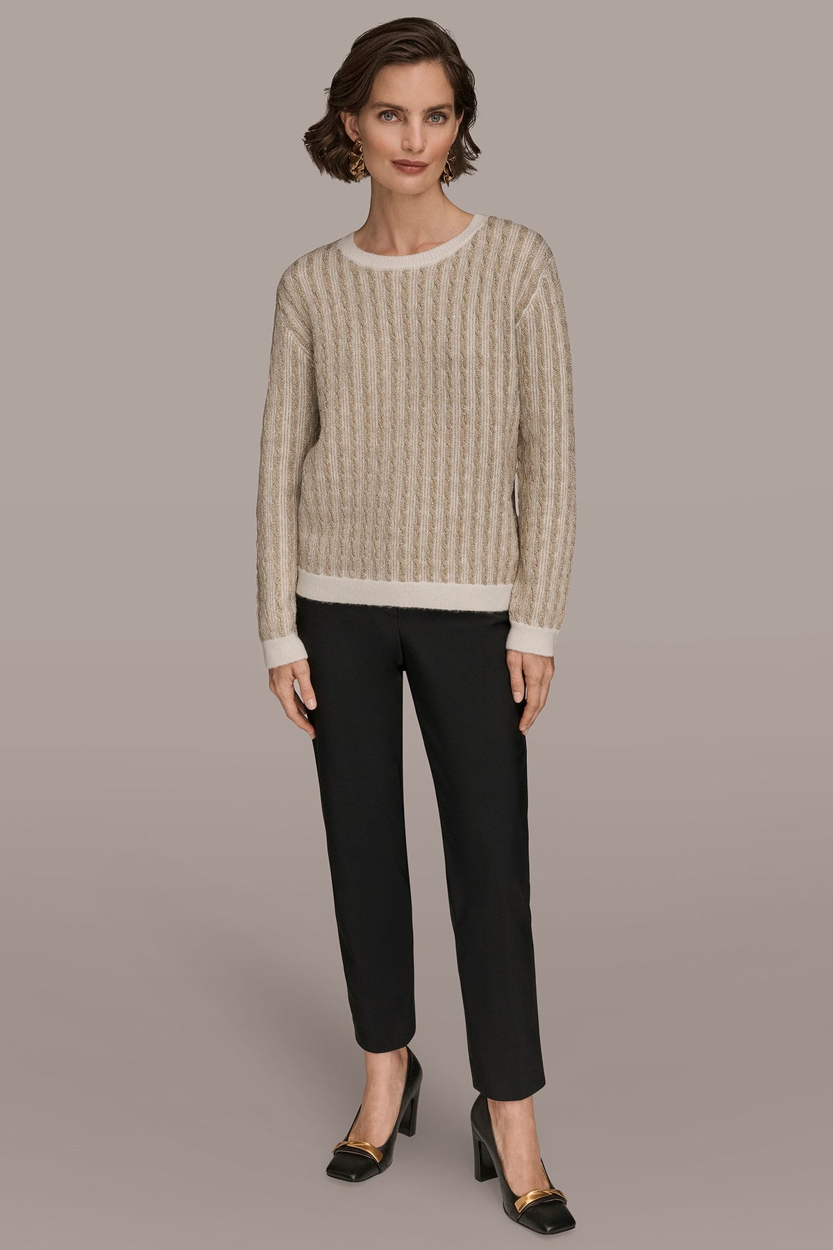 METALLIC TWO-TONE CABLE-KNIT SWEATER