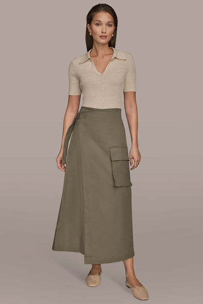 ASYMMETRIC MIDI WRAP CARGO SKIRT