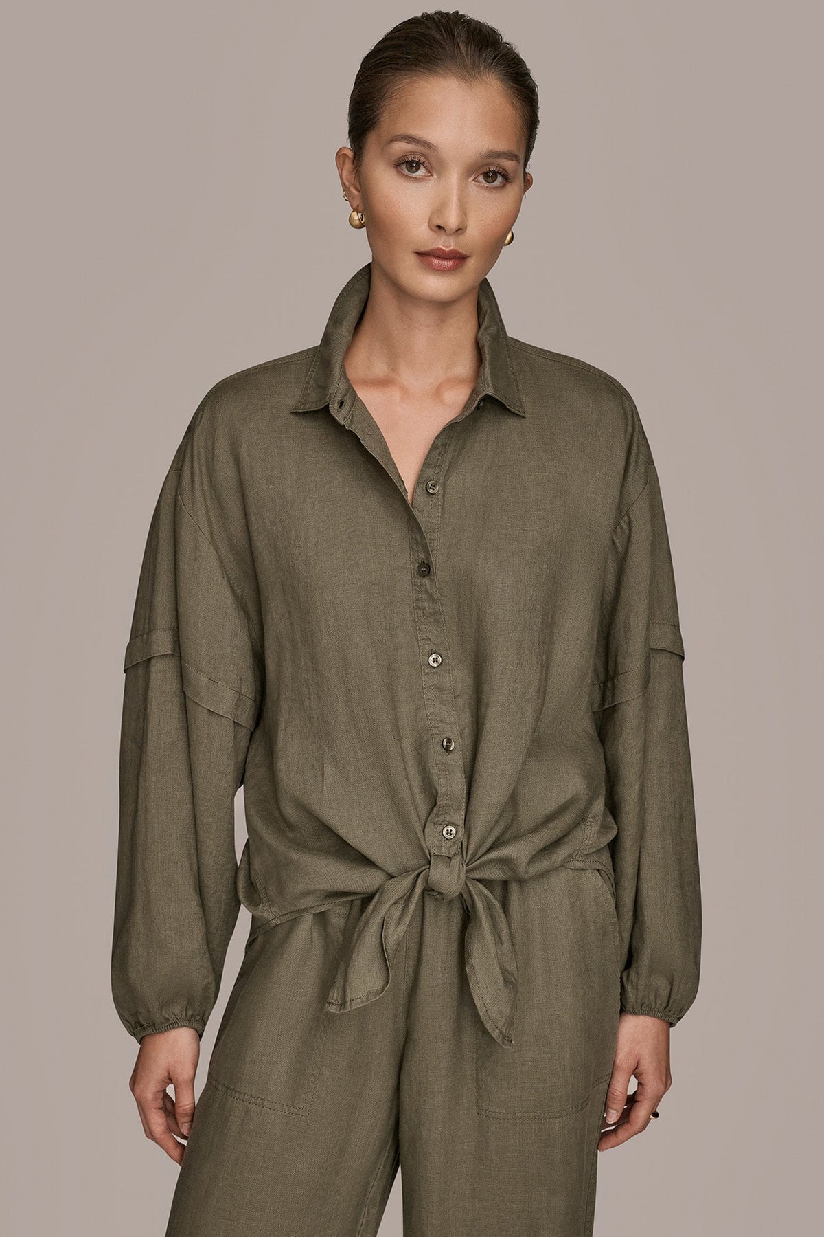 LINEN BLOUSON SLEEVE TIE-FRONT SHIRT