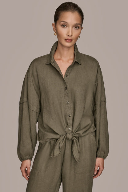 LINEN BLOUSON SLEEVE TIE-FRONT SHIRT