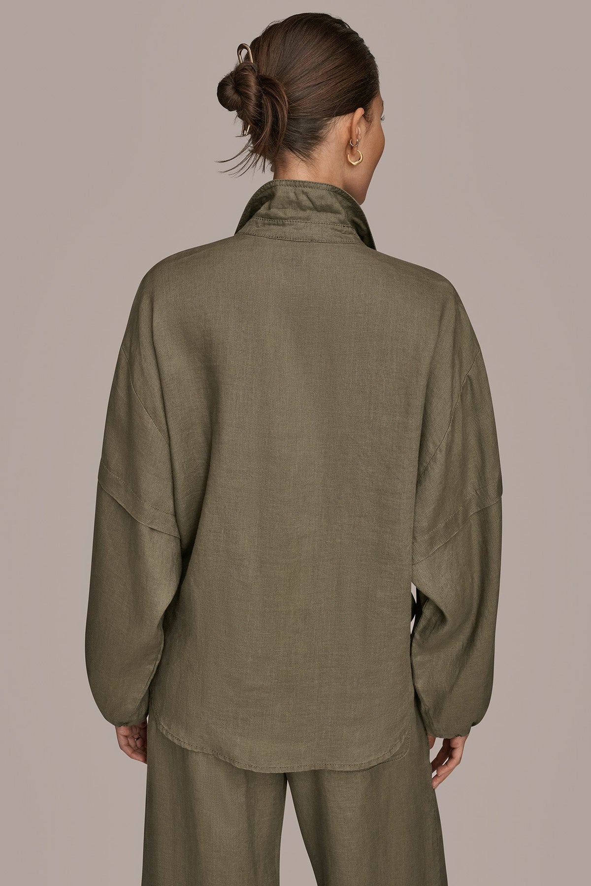 LINEN BLOUSON SLEEVE TIE-FRONT SHIRT