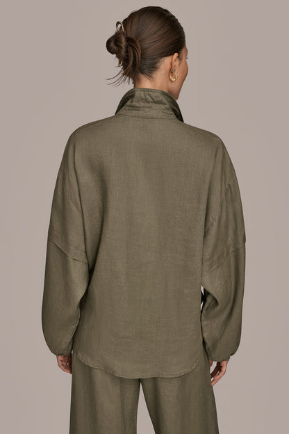 LINEN BLOUSON SLEEVE TIE-FRONT SHIRT