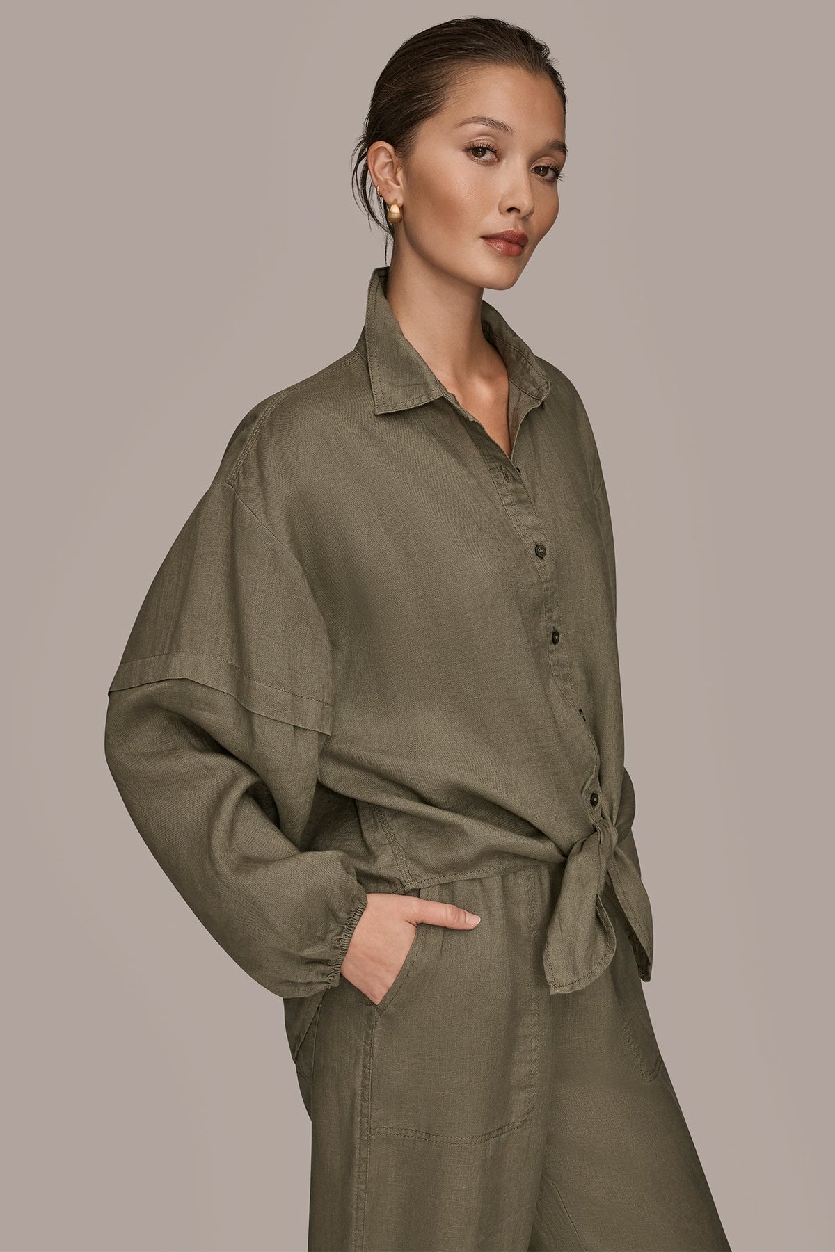 LINEN BLOUSON SLEEVE TIE-FRONT SHIRT