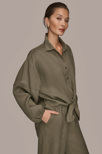 LINEN BLOUSON SLEEVE TIE-FRONT SHIRT