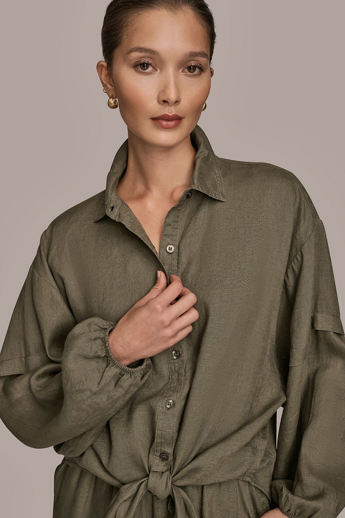 LINEN BLOUSON SLEEVE TIE-FRONT SHIRT