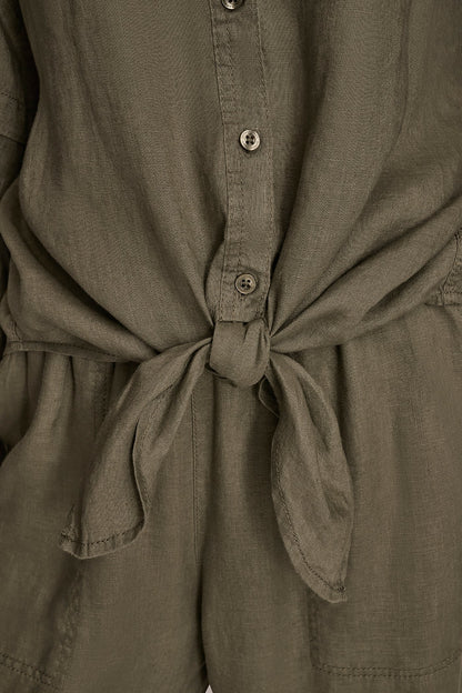 LINEN BLOUSON SLEEVE TIE-FRONT SHIRT