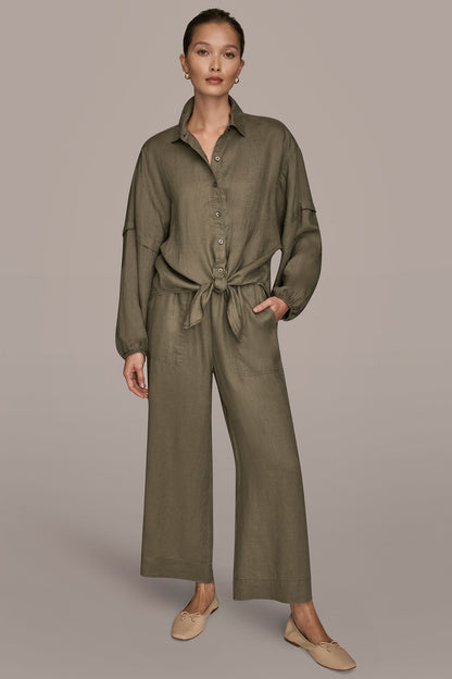 LINEN BLOUSON SLEEVE TIE-FRONT SHIRT