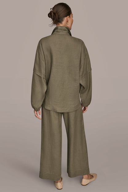 LINEN BLOUSON SLEEVE TIE-FRONT SHIRT