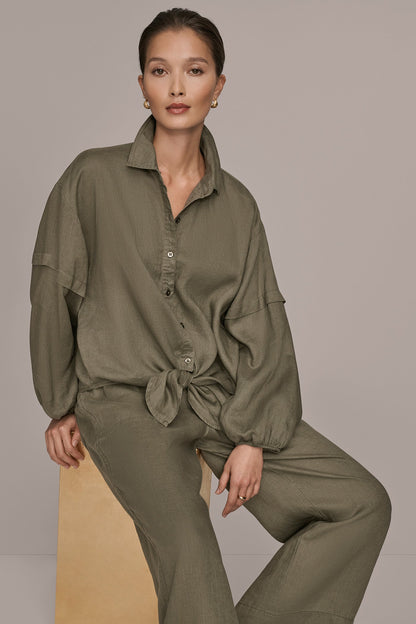 LINEN BLOUSON SLEEVE TIE-FRONT SHIRT