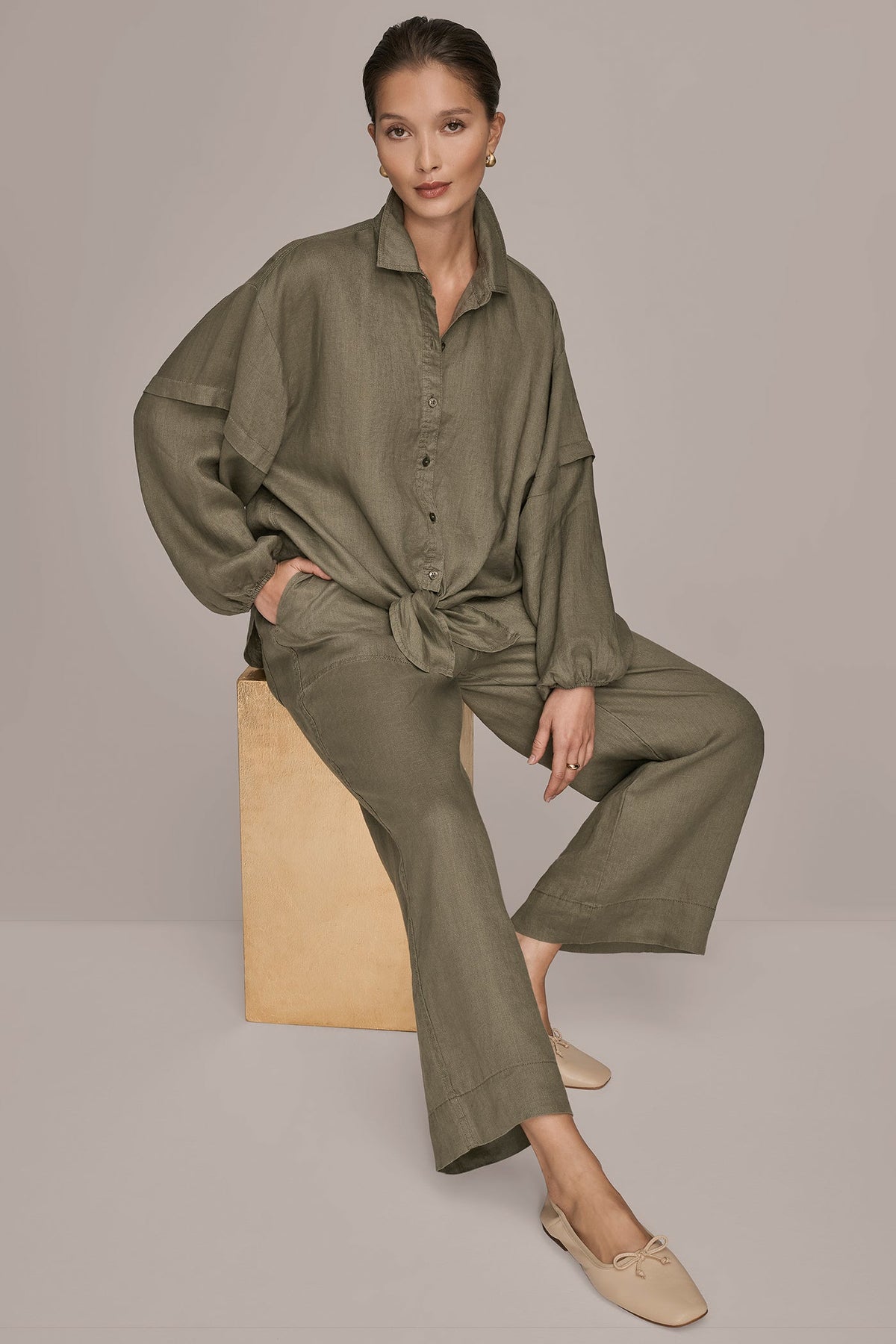 LINEN BLOUSON SLEEVE TIE-FRONT SHIRT