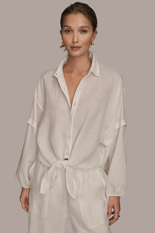 LINEN BLOUSON SLEEVE TIE-FRONT SHIRT